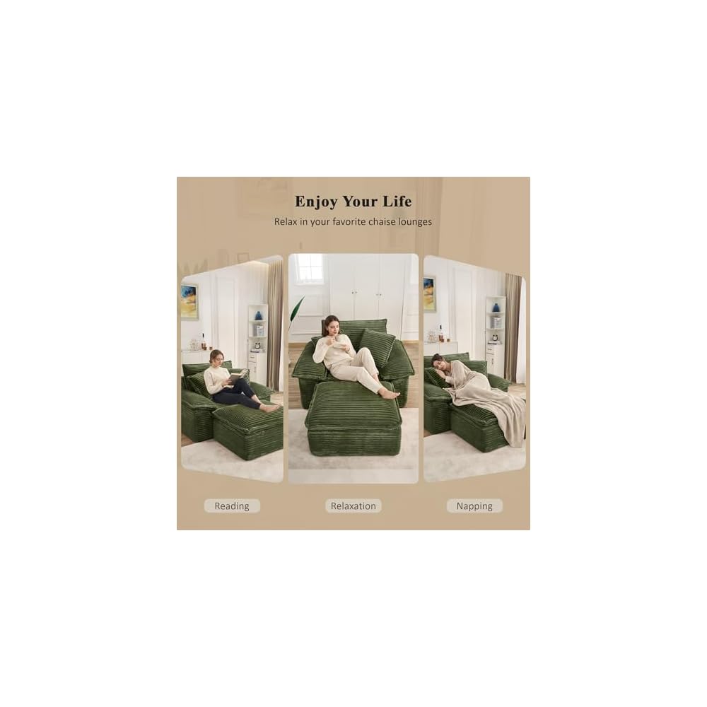 63" Oversized Lounge Sofa Chair with Ottoman, Deep Seat Cloud Couch Bed, Modular 1-Seater Sectional Sleeper Sofa, No Assembly Corduroy Couch for Reading Nook & Cozy Corner
