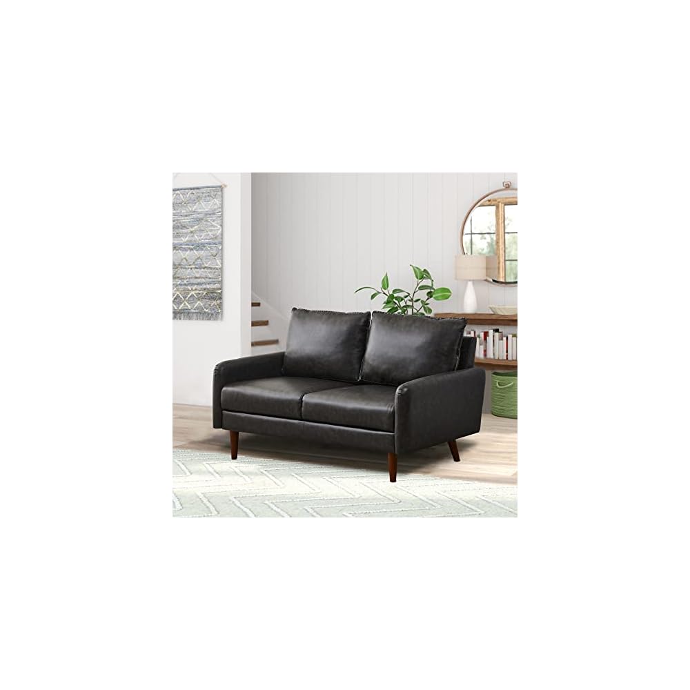 Leather Loveseat Modern Sofa Comfy Couch with Wooden Legs for Living Room,Office - Dark Grey