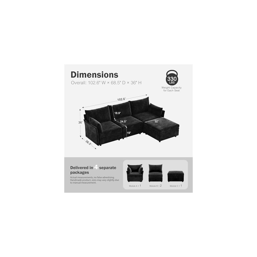 102.6" L Shaped Modular Sectional Couch with Washable Chenille Cover, 4 Seater Deep Seat Sofa with Storage Ottoman & Reversible Chaise for Living Room, Pet-Friendly, Black