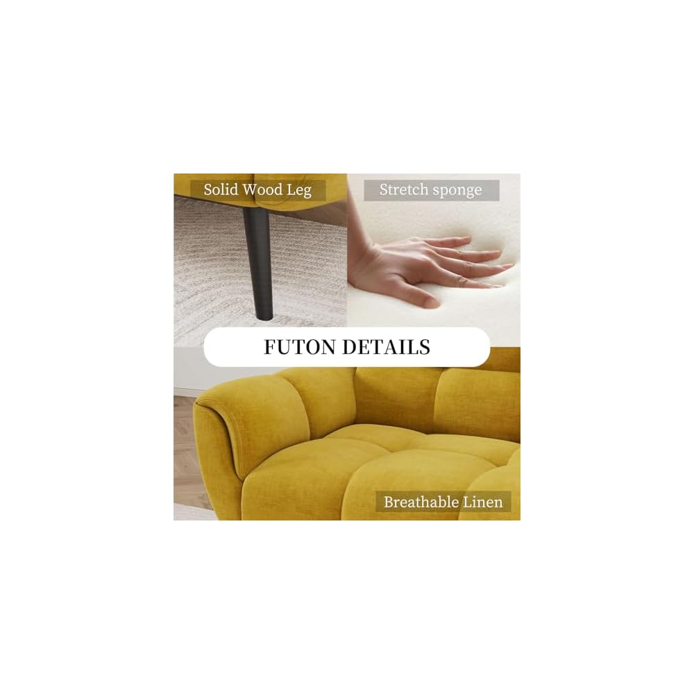 Convertible Futon Sofa Bed, 76.77" Modern Linen Futon Couch, Comfy Sleeper Sofa with Adjustable Backrests, Couch Bed for Small Spaces, Living Room, Bedroom, Apartment, Golden Yellow