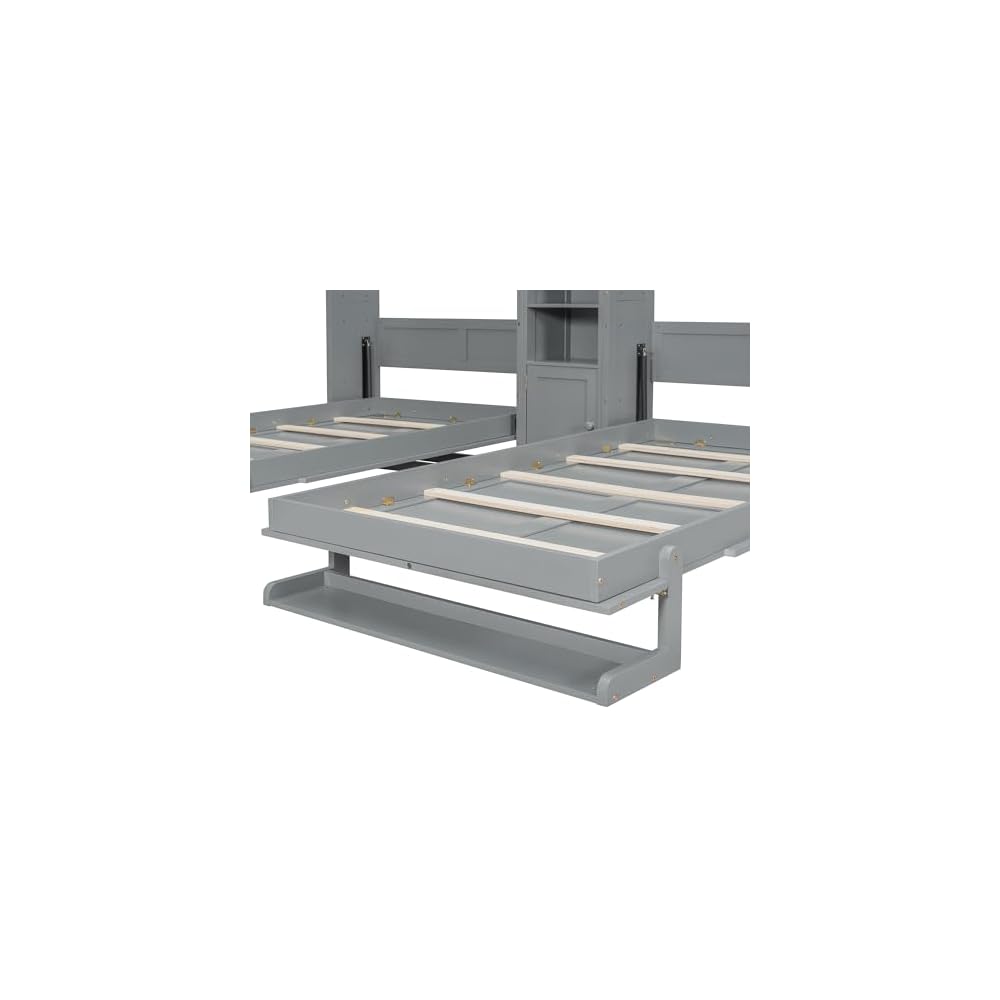 Dual Twin Murphy Beds with Storage Shelves and Cabinets, Pine Wood Space-Saving Hideaway Double Murphy Wall Beds with Storage,Support Legs and Slats