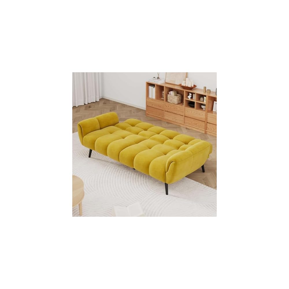 Convertible Futon Sofa Bed, 76.77" Modern Linen Futon Couch, Comfy Sleeper Sofa with Adjustable Backrests, Couch Bed for Small Spaces, Living Room, Bedroom, Apartment, Golden Yellow