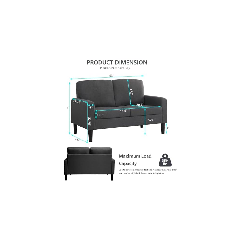 Small Couches for Small Spaces, 53" Loveseat Sofa for Bedroom, 2-Seater Sofa for Living Room Dark Grey