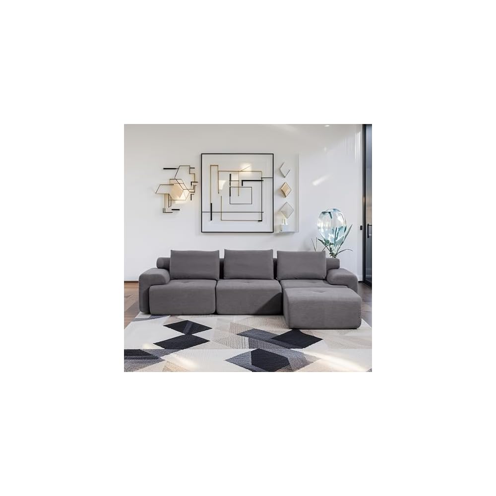 120" Modern L-Shaped Modular Sectional Sofa, No Assembly Modular Boneless Couch Oversized 3-Seater Cloud Couch with Deep Seat and Movable Ottoman for Living Room-Corduroy Upholstery Grey