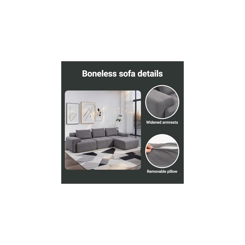 120" Modern L-Shaped Modular Sectional Sofa, No Assembly Modular Boneless Couch Oversized 3-Seater Cloud Couch with Deep Seat and Movable Ottoman for Living Room-Corduroy Upholstery Grey