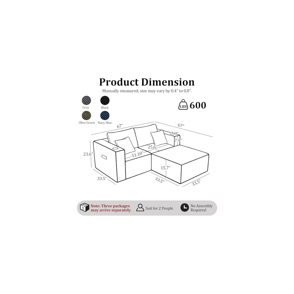 67'' L-Shaped Cloud Modular Sectional Sofa, Modern Corduroy Memory Foam Couch with Cup Holders, Upholstered Boneless Deep Seat Fluffy Loveseat with Ottoman, No Assembly Needed, for Home, Black
