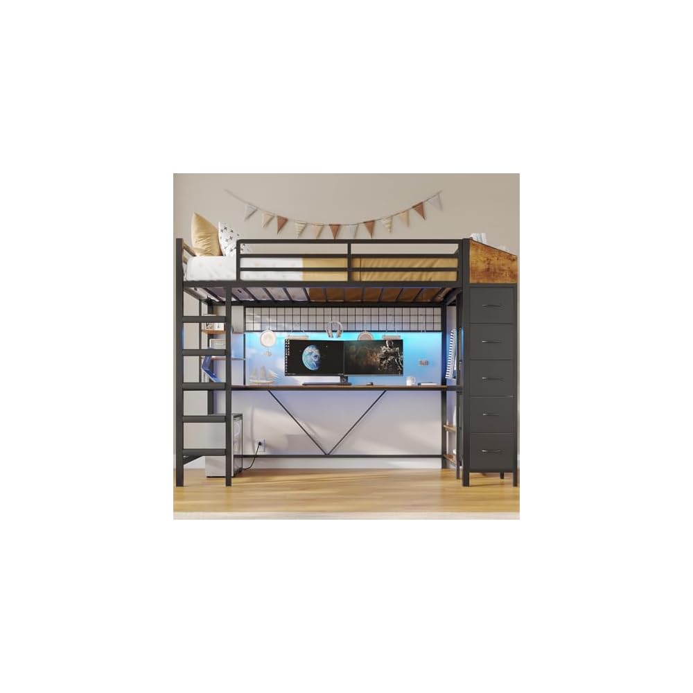 Loft Bed Twin Size with Hall Tree, Charging Station and LED Lights, Metal Loft Bed with L-Shaped Desk, 5 Storage Drawers, Heavy Duty Twin Size Bed with Stairs, No Box Spring Needed, Black