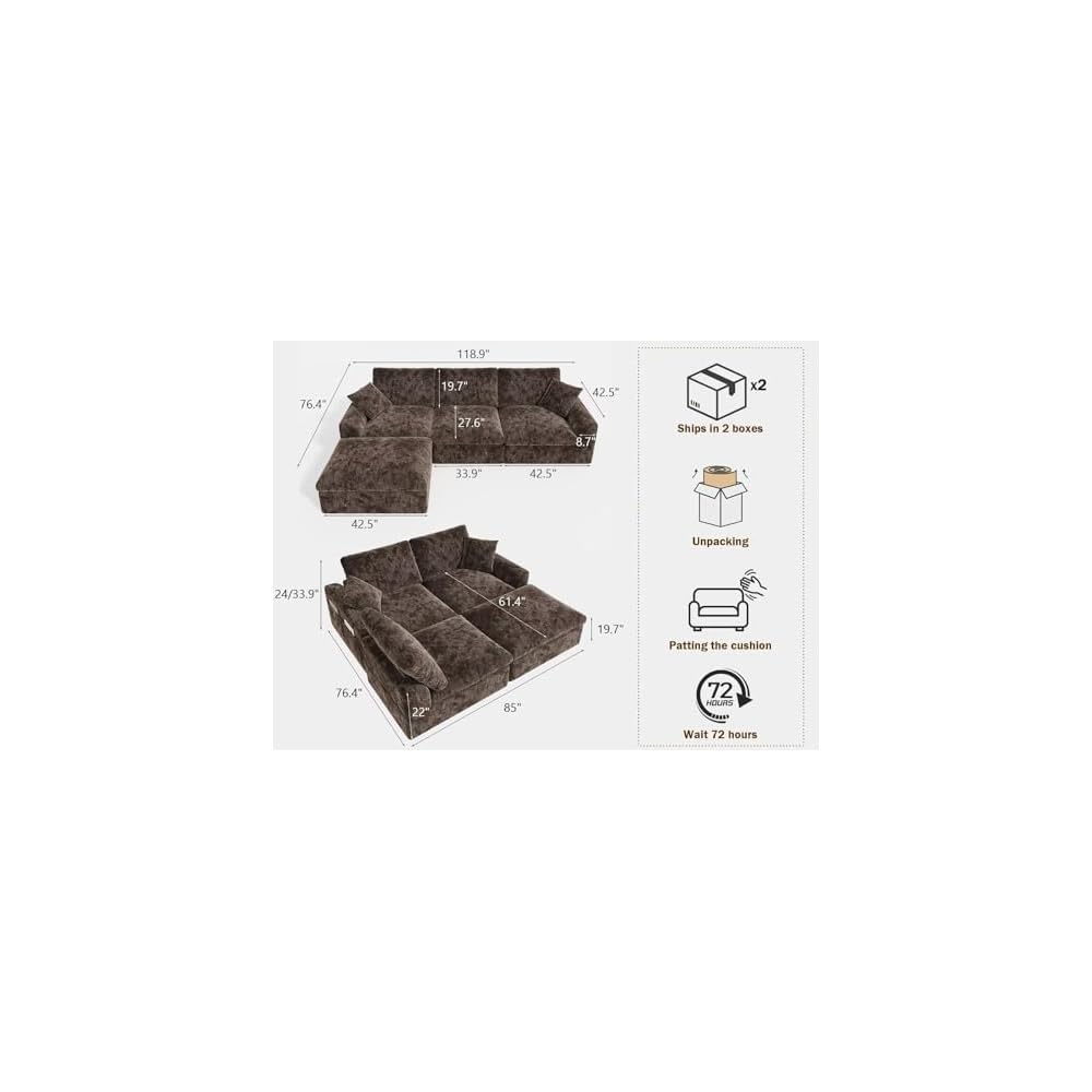 119" Cloud Couch Sectional for Living Room, Oversized Boneless Couches with Ottoman, Convertible L-Shaped 3 Seater Modular Sofa, Modern Sectional Sofa with Adjustable Backrest, Brown