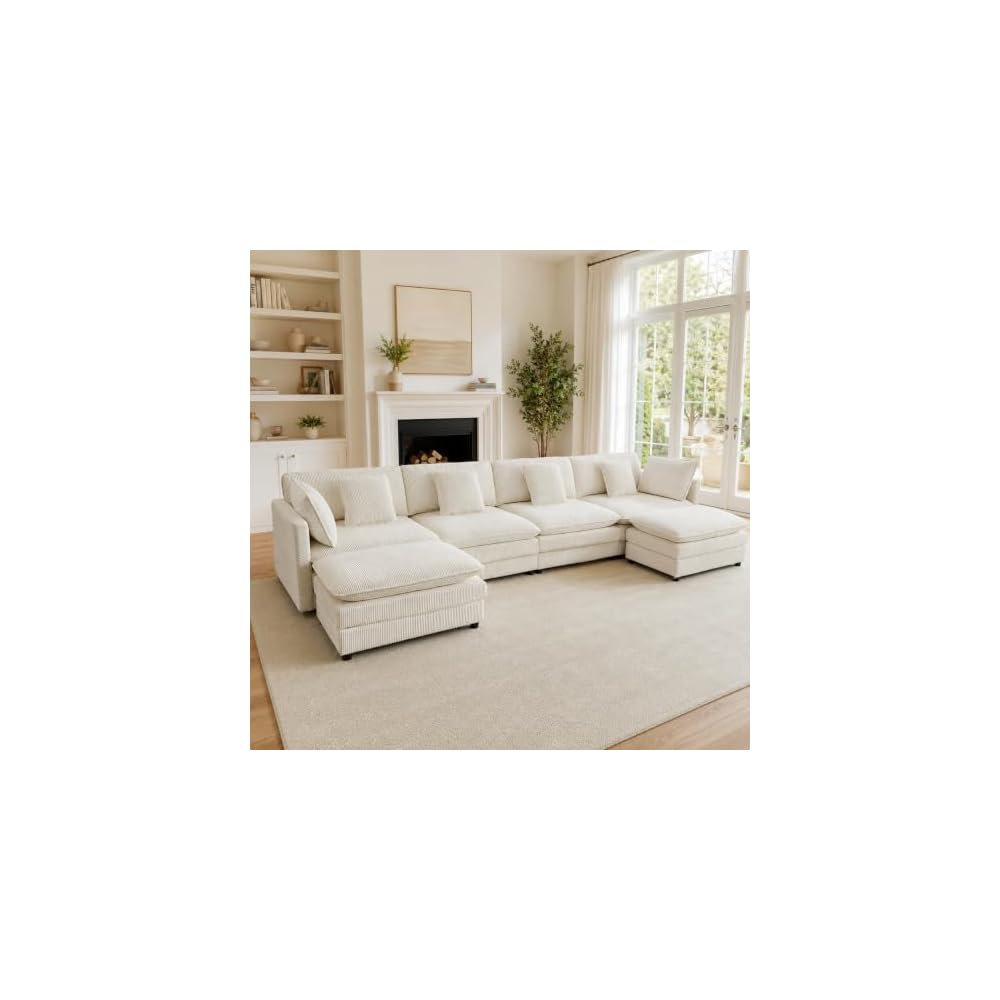 148” U Shape Sectional Couch with Movable Ottoman，Beige