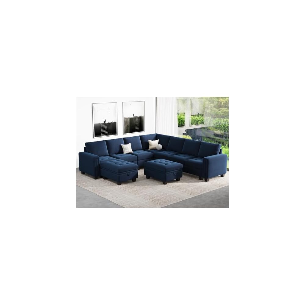 Modular Sectional Sofa U Shaped Sectional Couch with Storage Ottoman Velvet 9-Seater Convertible Sectional Sofa with Chaises Blue