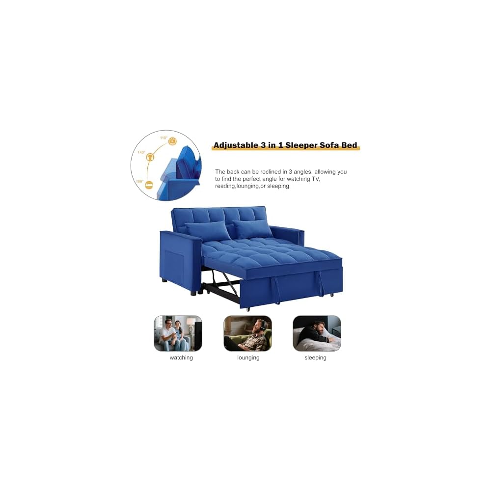 3 in 1 Sleeper Sofa Bed, Futon Sofa Bed for Living Room with Side Pocket, Blue Sleepers Sofas Couch with Pullout Beds, Convertible Love Seat Sleepers couch for Living Room, Bedroom, Small Space