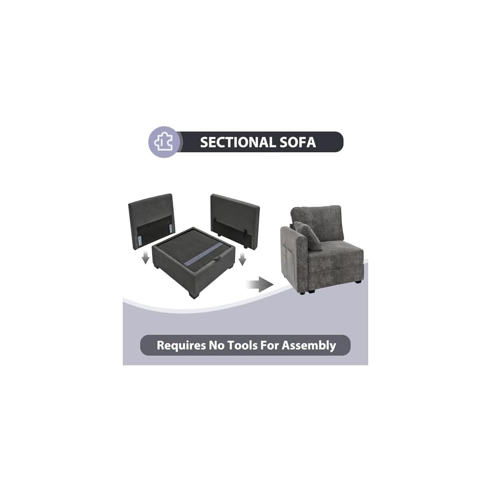 Modular Sectional Sofa, Convertible Couch with Hidden Storage, Side Pockets Tool-Free Assembly, Round-Edge Design, Grey, Armless Single seat