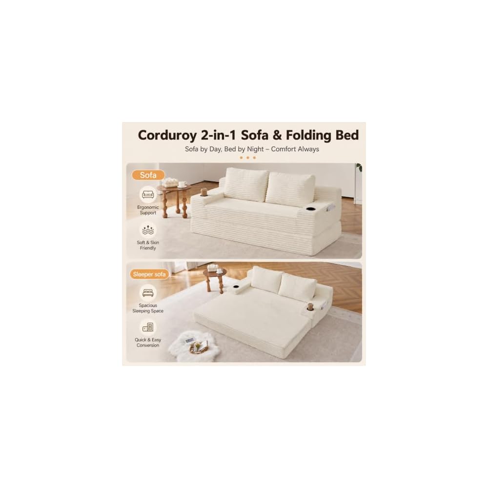 Boneless Sofa Bed 70.8 Inch Convertible with Cup Holder,Beige