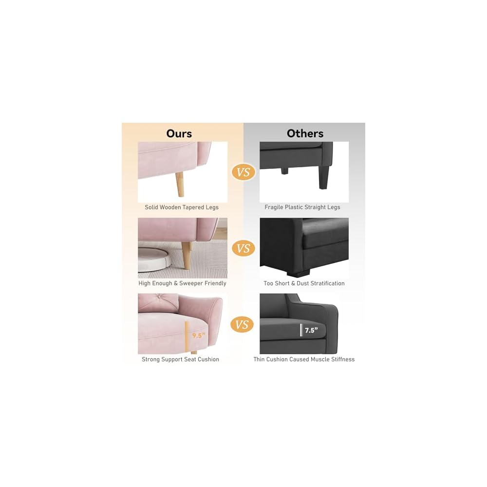 Loveseat Sofa, 47" Velvet Couch for Bedroom, Convertible Wooden Tray & Ergonomic Armrest, for Small Space, Apartment, Living Room, Home Office, Easy Assembly, Pink
