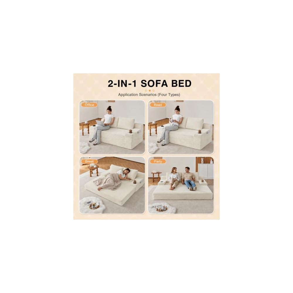 Boneless Sofa Bed 70.8 Inch Convertible with Cup Holder,Beige