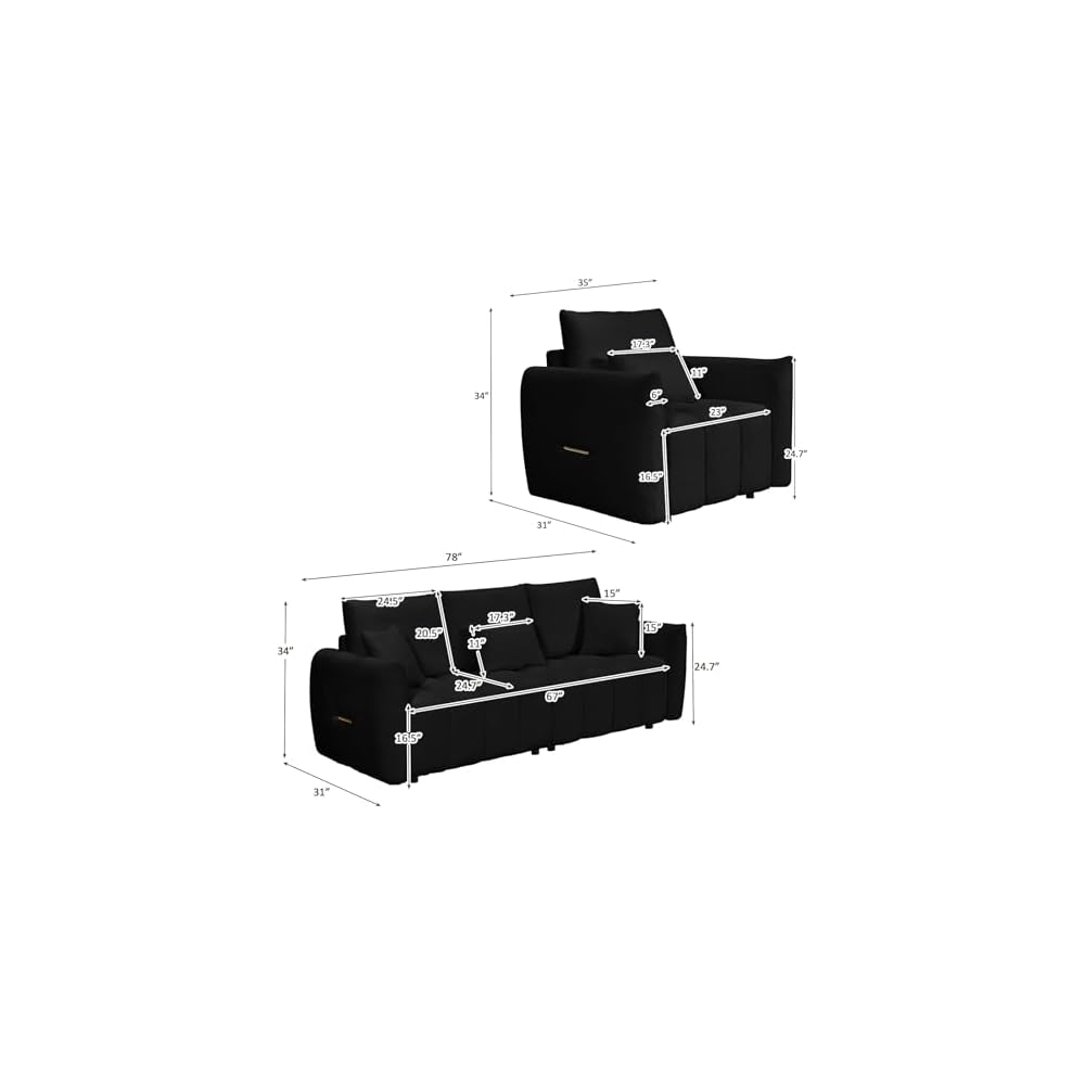 3 Piece Cloud Couch Sofa for Living Room, Modern Sofa Chair and 3-Seater Teddy Sectional Couches with Pillows and Back Cushions, Comfy Deep Seat Oversized Sofa for Bedroom, Apartment, Black