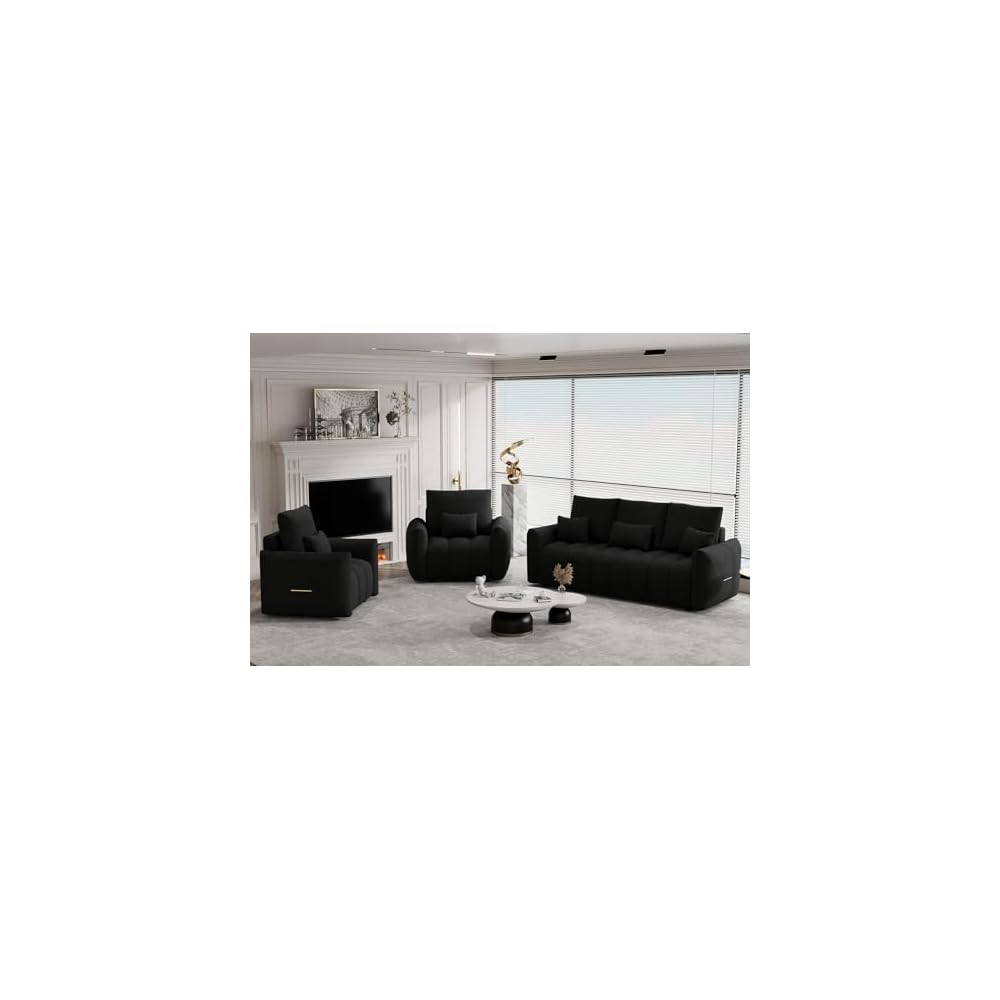 3 Piece Cloud Couch Sofa for Living Room, Modern Sofa Chair and 3-Seater Teddy Sectional Couches with Pillows and Back Cushions, Comfy Deep Seat Oversized Sofa for Bedroom, Apartment, Black