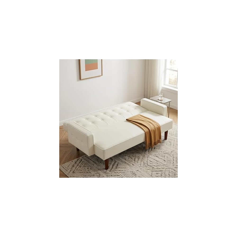 PU Leather Couch Bed, 3 Seater Leather Sofa with Adjustable Backrest, Leather Sofa Couch with Wood Legs, Modern Convertible Loveseat Sofa for Office & Living Room, Leather White