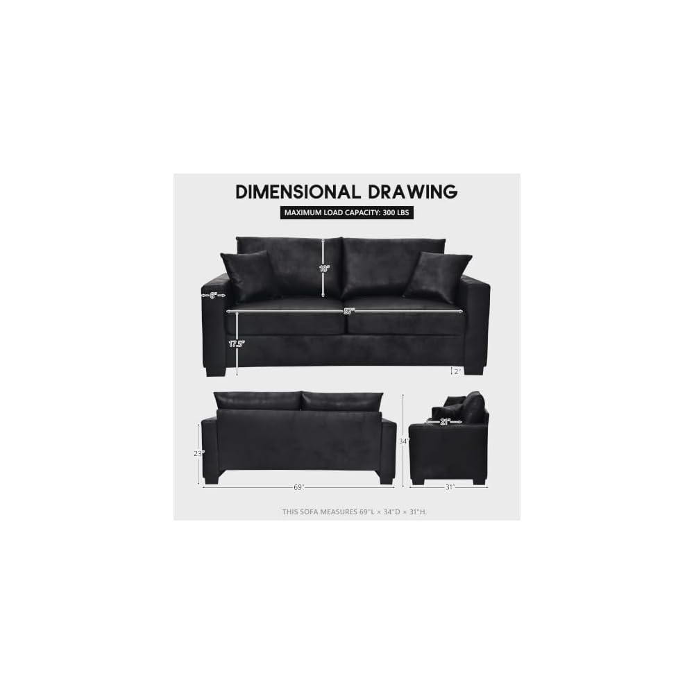 69" Modern Foil Fabric Loveseat Sofa, Compact Small Couch（Black）