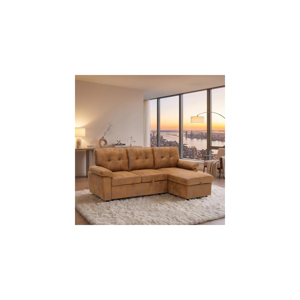 88.5 Inch L-Shaped Sectional Sofa Bed with Storage Chaise and Padded Armrests, Convertible Pull-Out Sleeper Sofa Couch for Living Room, Brown