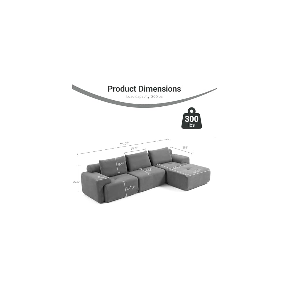 120" Modern L-Shaped Modular Sectional Sofa, No Assembly Modular Boneless Couch Oversized 3-Seater Cloud Couch with Deep Seat and Movable Ottoman for Living Room-Corduroy Upholstery Grey