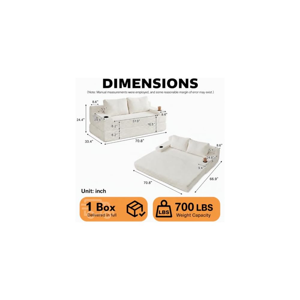 Boneless Sofa Bed 70.8 Inch Convertible with Cup Holder,Beige