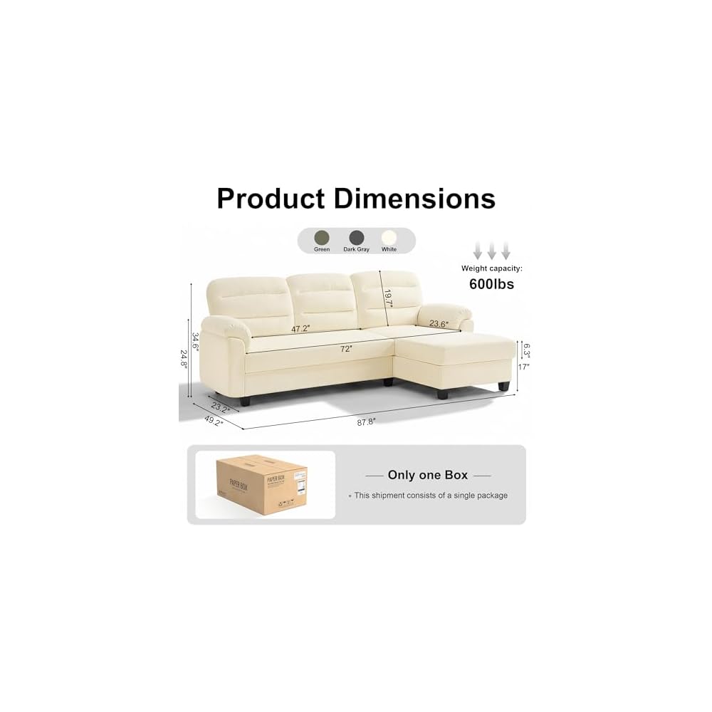 88” L-Shaped Sofa for Living Room, 3-Seater with Chaise, White