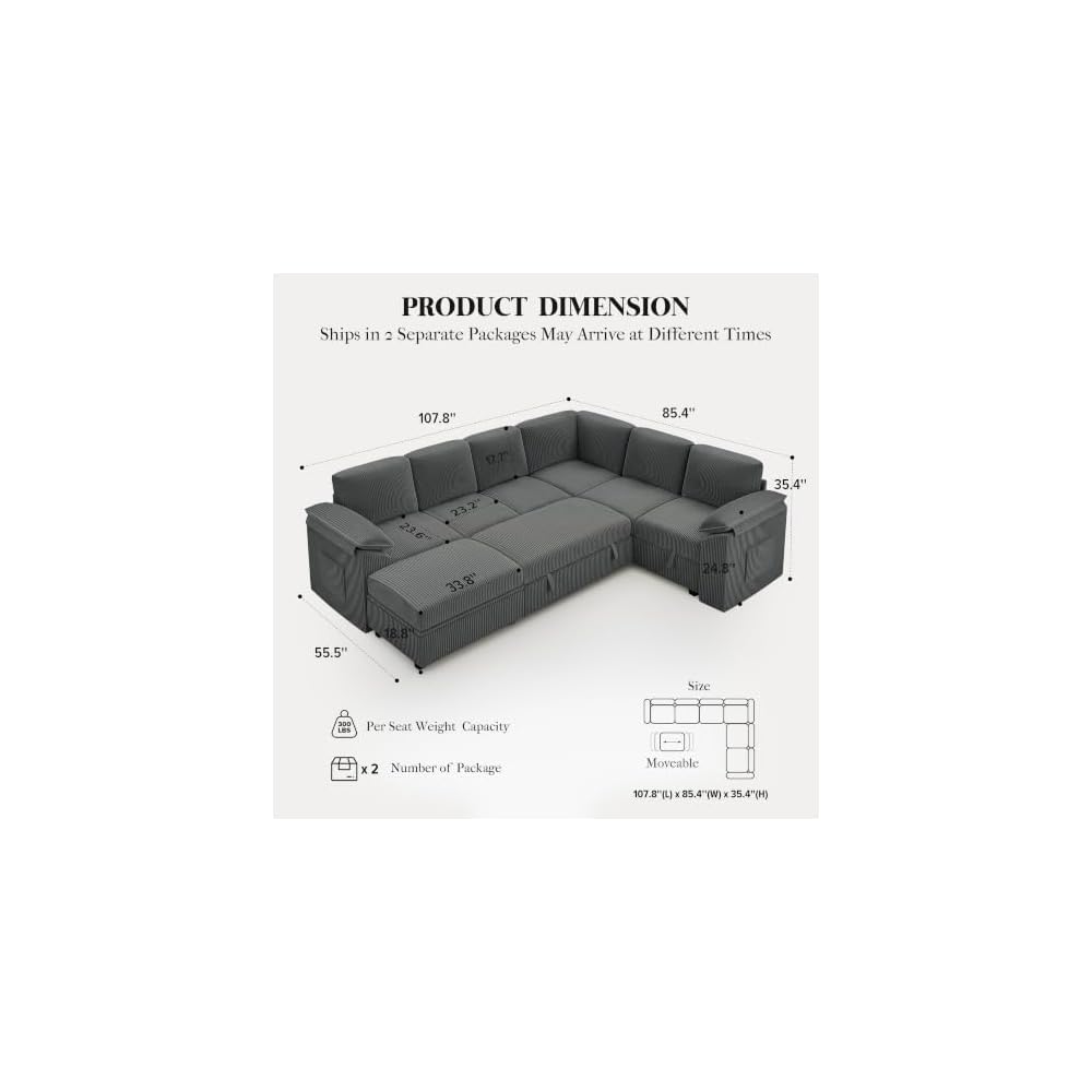 108" Modular Sectional Sleeper Sofa with Pull Out Bed, Dark Grey