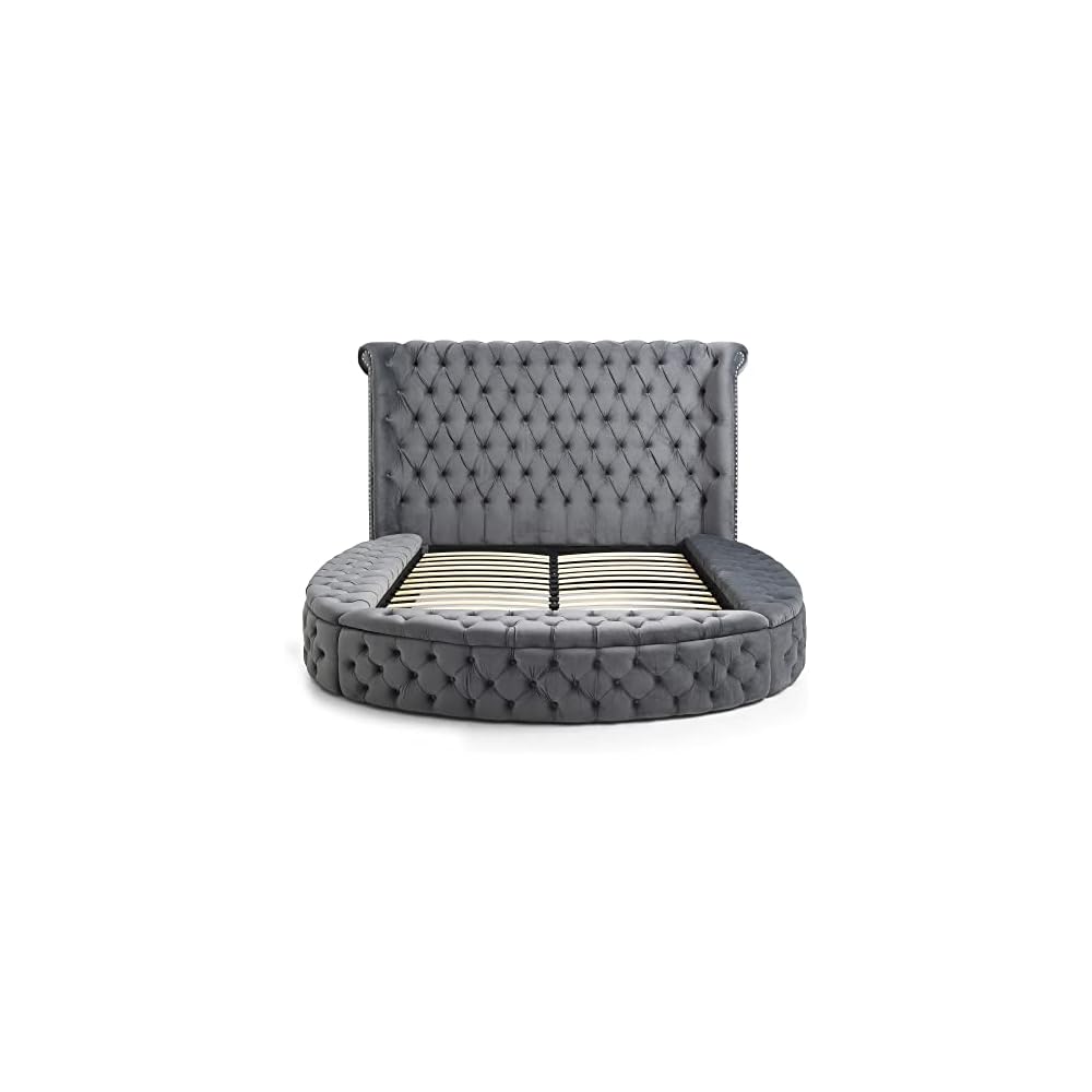 Elizabeth 107 x 101 Velvet Round Storage King Bed in Gray