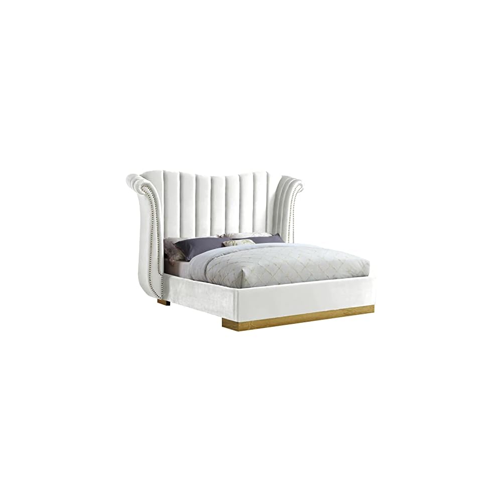 Flora Collection Modern | Contemporary Velvet Upholstered Bed Nailheads, Deep Channel Tufting and Gold Metal Base, King, White