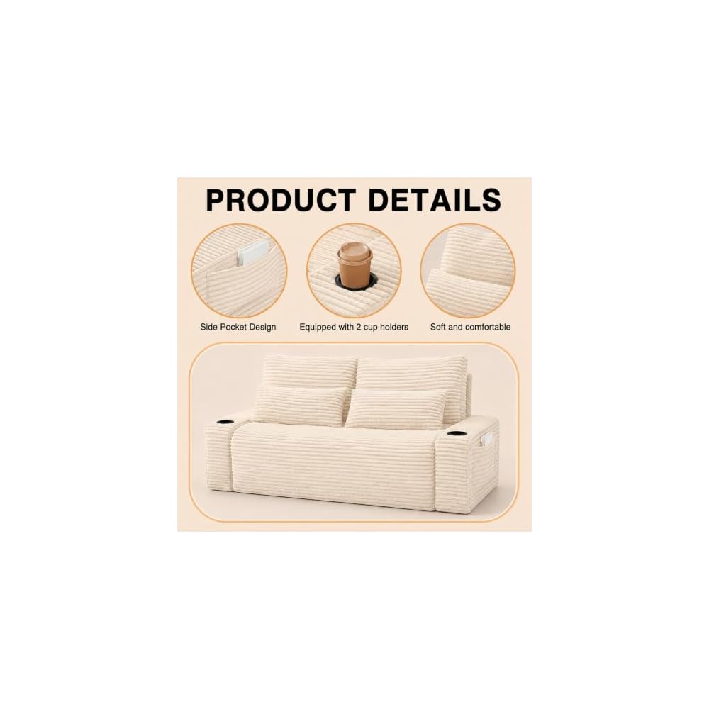 Boneless Sofa Bed 70.8 Inch Convertible with Cup Holder,Beige
