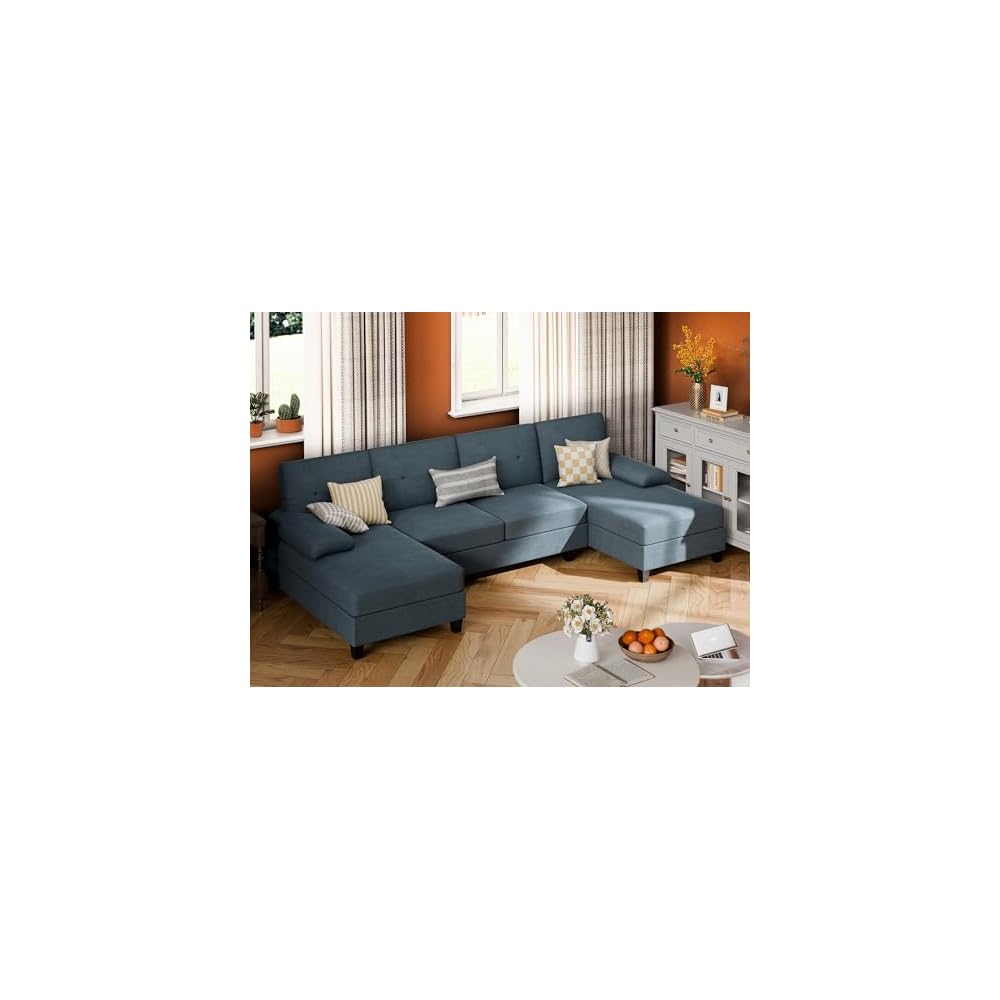 JY QAQA Sectional Couche with Soft Cushion, U-Shaped Sofa with Double Chaise, 4-Seat Linen Fabric Sofa Sets for Living Room, Apartment, Grey
