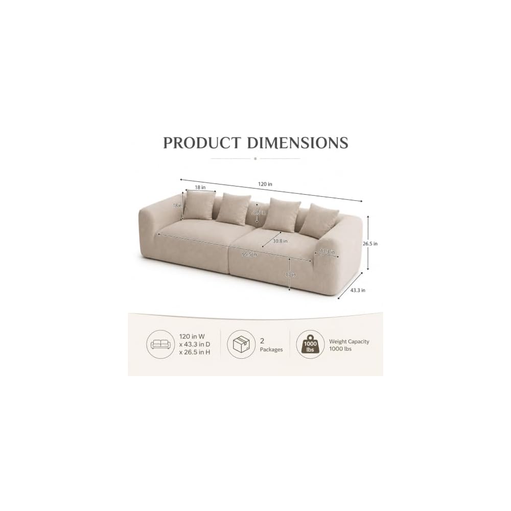 120" Curved Sofa Sectional Modern Boneless Cloud Couch, Light Brown
