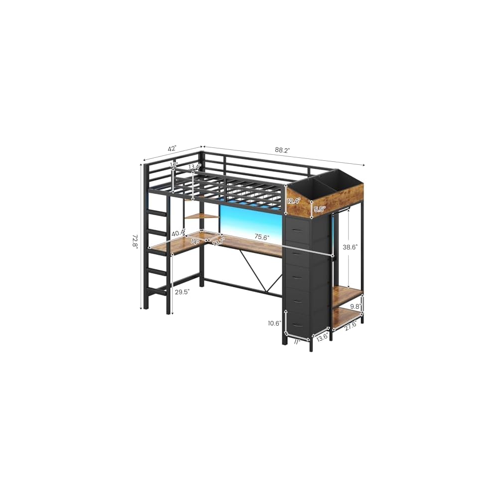 Loft Bed Twin Size with Hall Tree, Charging Station and LED Lights, Metal Loft Bed with L-Shaped Desk, 5 Storage Drawers, Heavy Duty Twin Size Bed with Stairs, No Box Spring Needed, Black