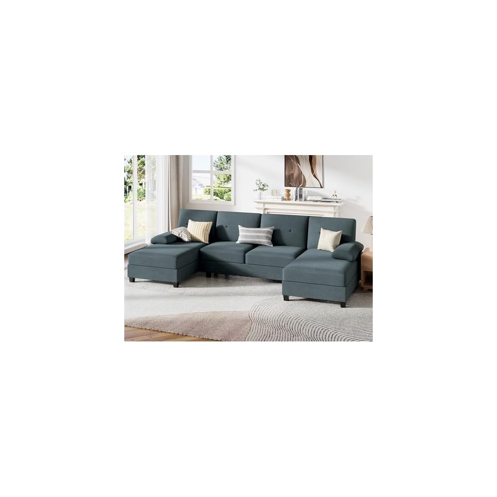 JY QAQA Sectional Couche with Soft Cushion, U-Shaped Sofa with Double Chaise, 4-Seat Linen Fabric Sofa Sets for Living Room, Apartment, Grey