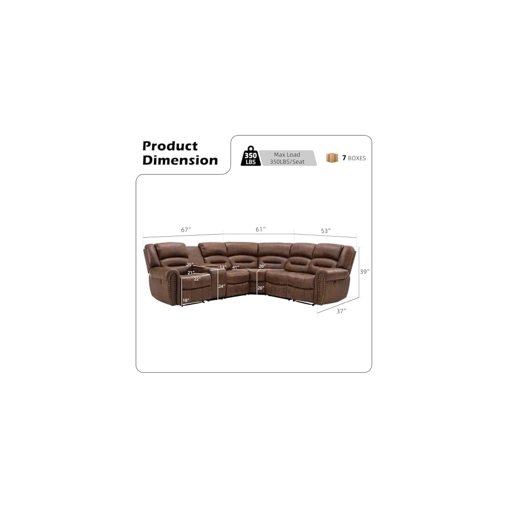 Power Reclining Sectional Sofa, 5 Seater L-Shaped Home Theater Seating with Storage Console and USB&Type-C Ports, Family-Sized Corner Sectional Couch for Living Room, Nut Brown