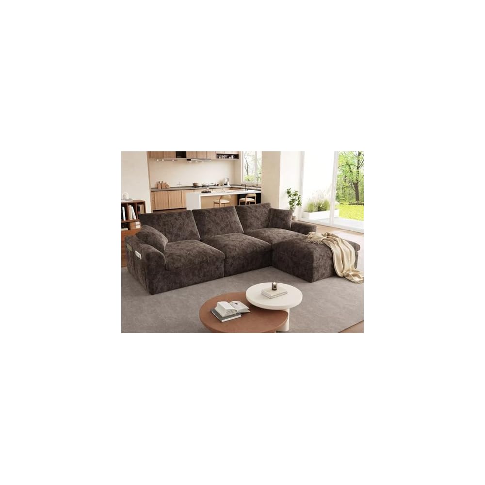 119" Cloud Couch Sectional for Living Room, Oversized Boneless Couches with Ottoman, Convertible L-Shaped 3 Seater Modular Sofa, Modern Sectional Sofa with Adjustable Backrest, Brown