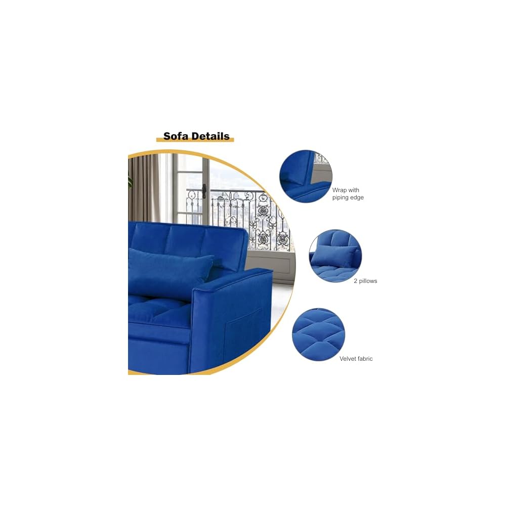 3 in 1 Sleeper Sofa Bed, Futon Sofa Bed for Living Room with Side Pocket, Blue Sleepers Sofas Couch with Pullout Beds, Convertible Love Seat Sleepers couch for Living Room, Bedroom, Small Space