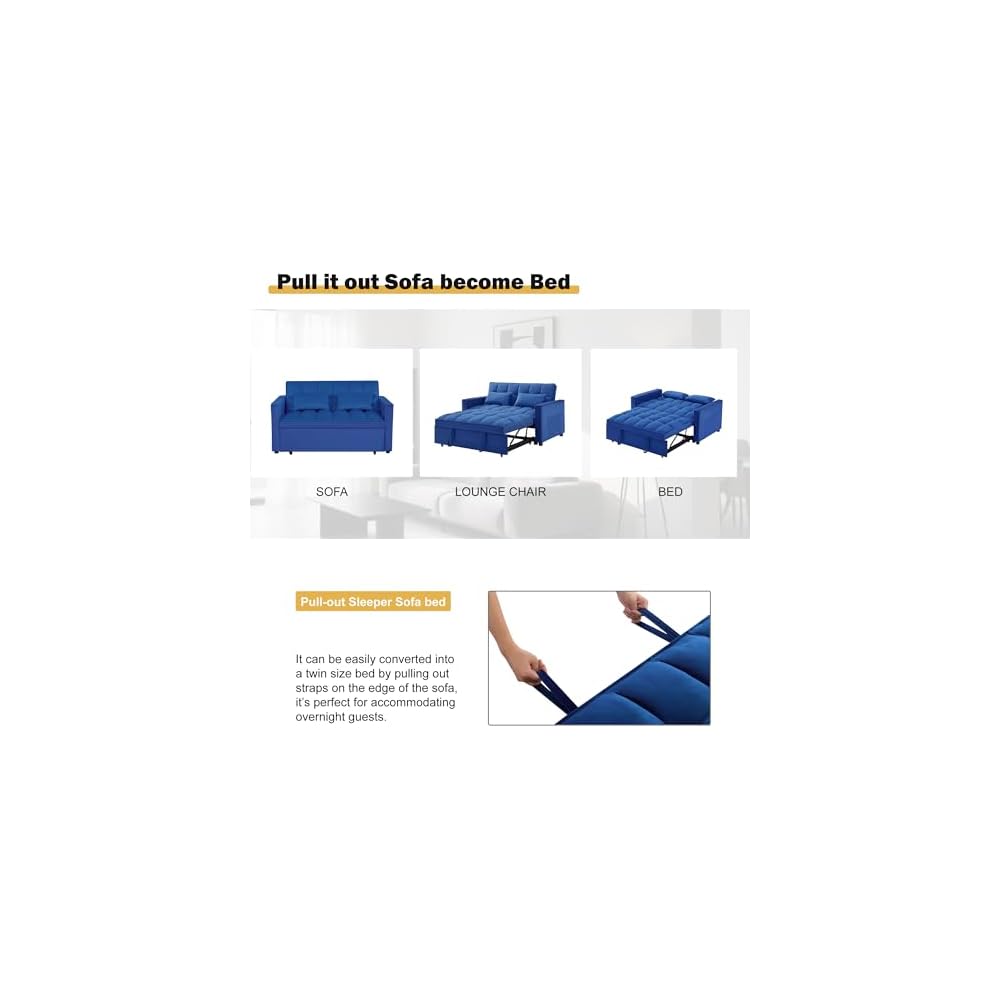 3 in 1 Sleeper Sofa Bed, Futon Sofa Bed for Living Room with Side Pocket, Blue Sleepers Sofas Couch with Pullout Beds, Convertible Love Seat Sleepers couch for Living Room, Bedroom, Small Space