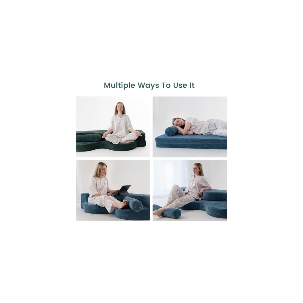 75" Folding Sofa Bed Convertible Futon, Twin Size Sleeper Couch, Washable Velvet Corduroy Cover & High-Density Foam, 2-in-1 Floor Mattress, No Assembly for Living Room/Dorm Blue