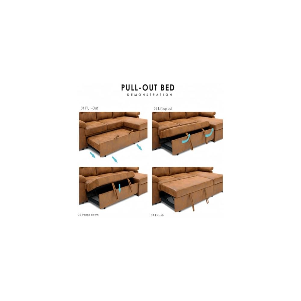 88.5 Inch L-Shaped Sectional Sofa Bed with Storage Chaise and Padded Armrests, Convertible Pull-Out Sleeper Sofa Couch for Living Room, Brown