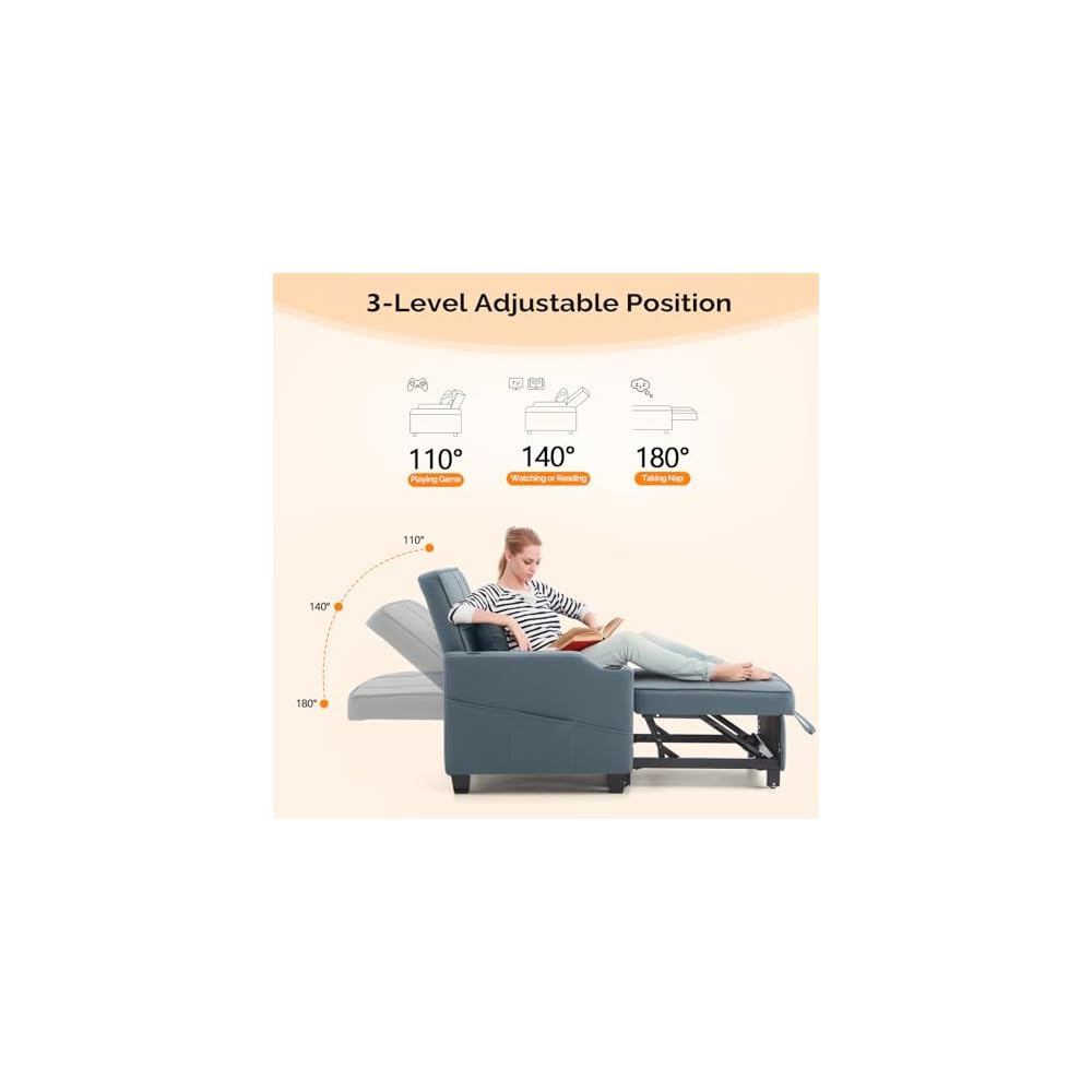 3-in-1 Convertible Sofa Bed, Recliner with Adjustable Backrest, USB Ports, Cup Holders for Small Spaces, Living Room