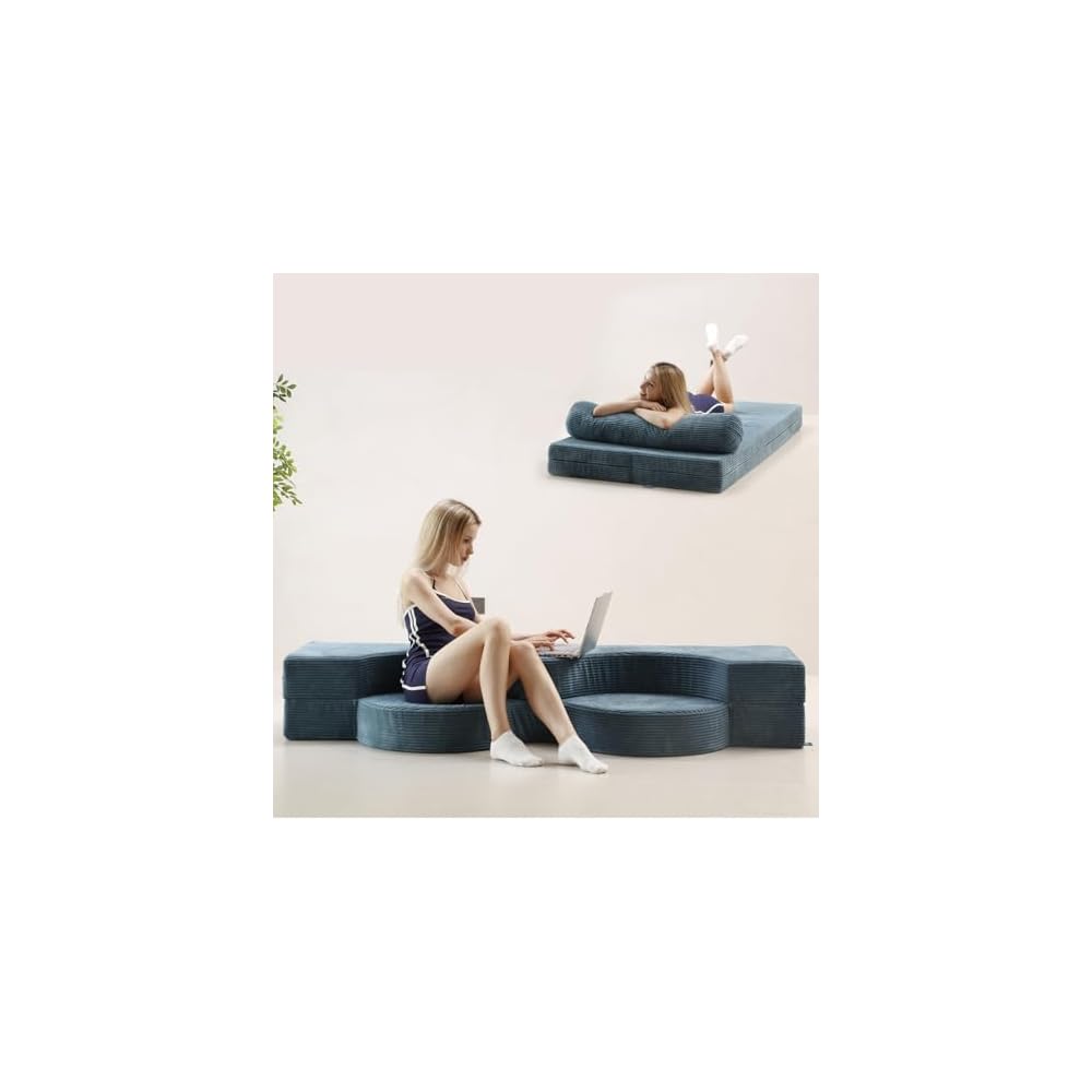 75" Folding Sofa Bed Convertible Futon, Twin Size Sleeper Couch, Washable Velvet Corduroy Cover & High-Density Foam, 2-in-1 Floor Mattress, No Assembly for Living Room/Dorm Blue