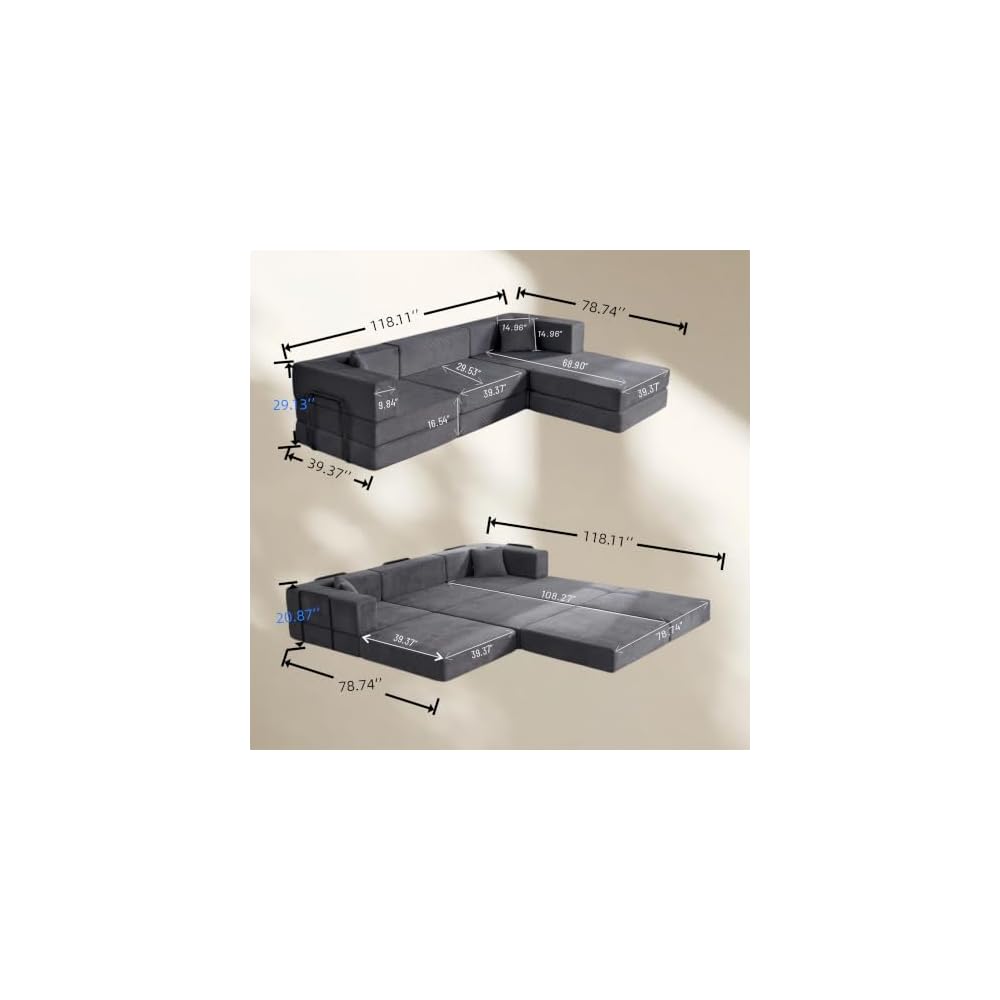 L Shaped Modular Sofa Bed, Modular Sectional Sofa with 8 Movable Cushions