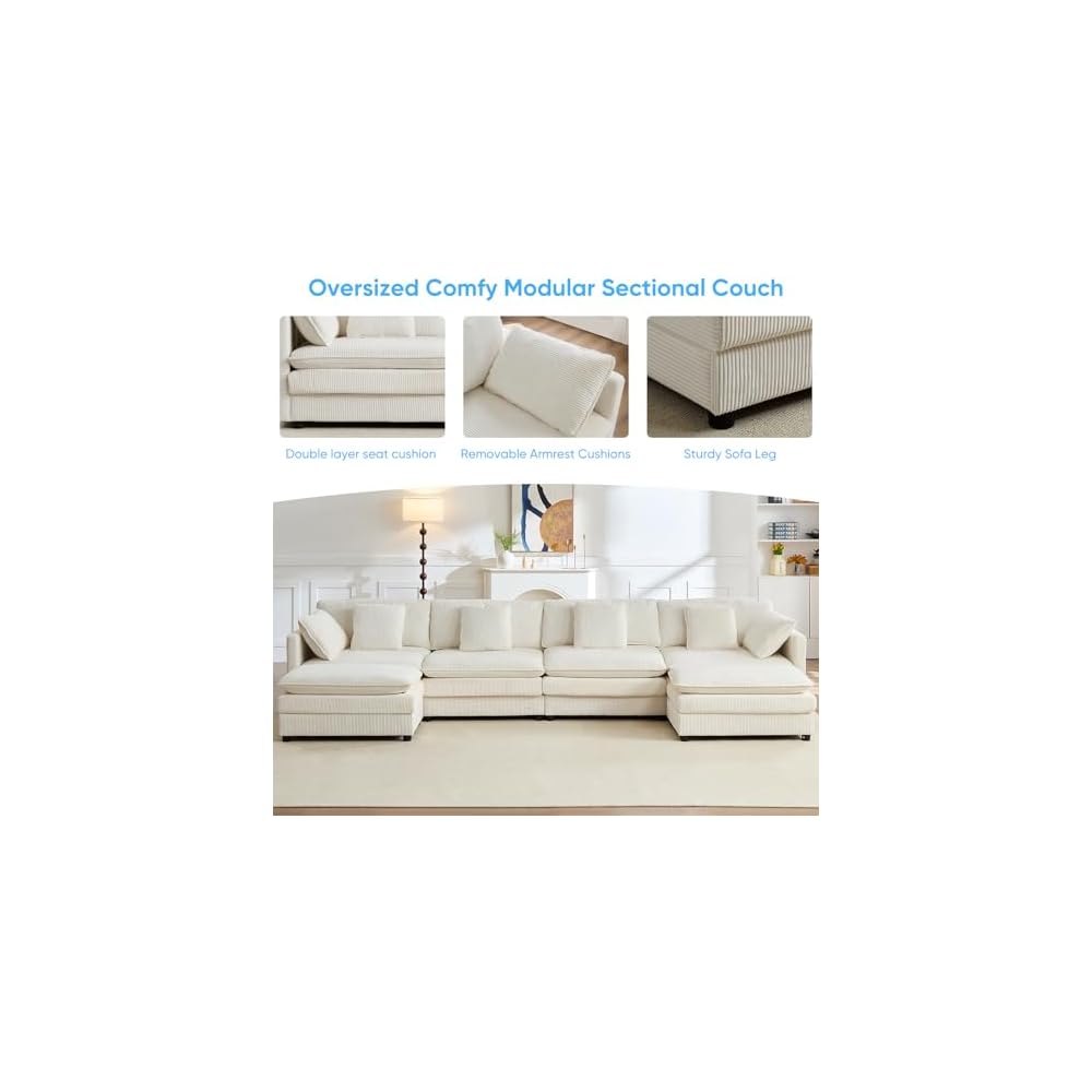 148” U Shape Sectional Couch with Movable Ottoman，Beige