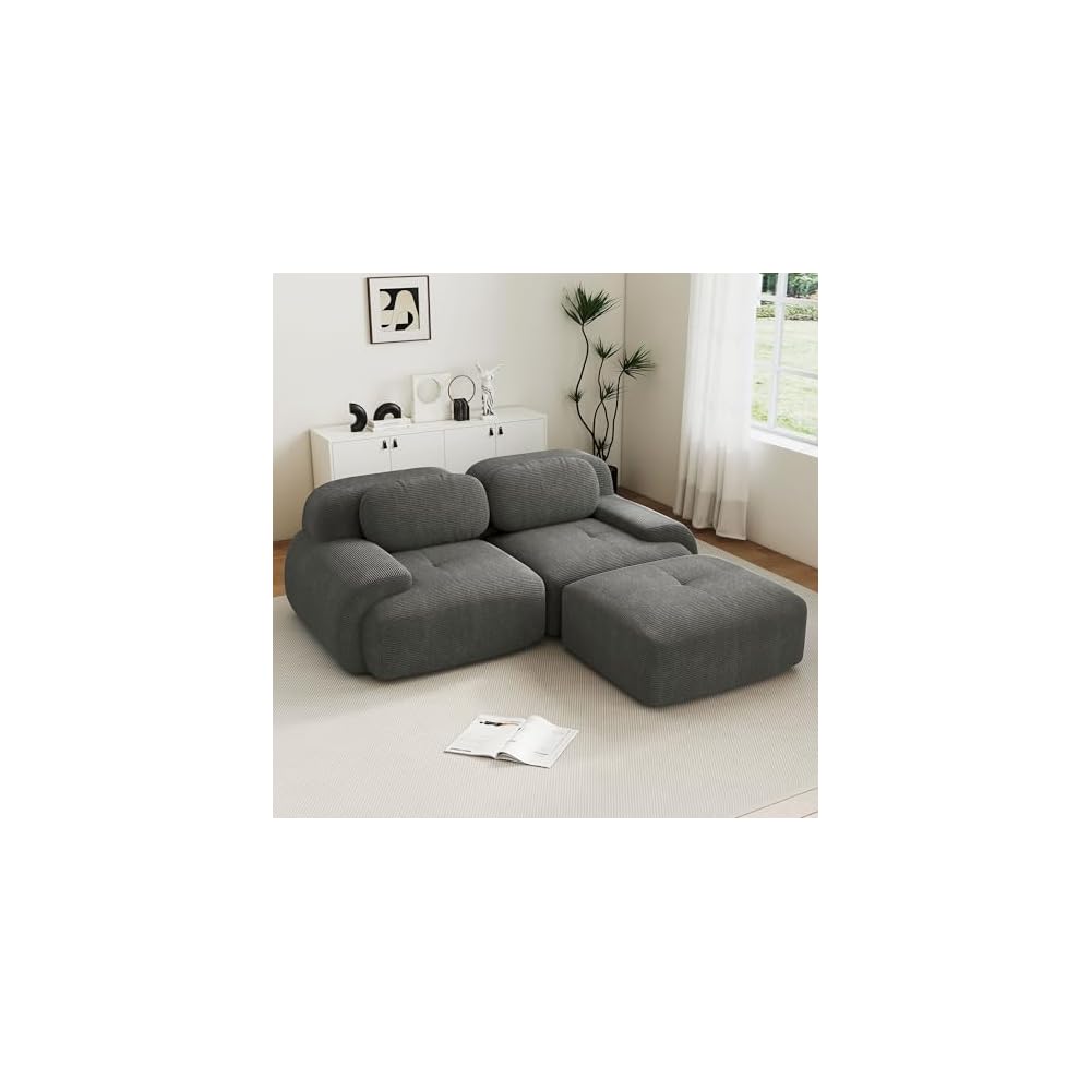 82" Foam Compressed Cloud Sofa,28" Feep Seat Pet-Friendly Corduroy Oversize Sectional Couch with Movable Ottoman, 2 Seater Modular Cloud Couch for Living Rooms, Apartments, Leisure Rooms,Grey