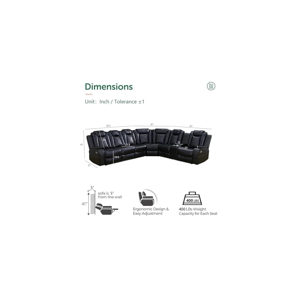 Black Leather Power Reclining Sectional Sofa,Sectional Couch with Recliner,L Shaped Recliner Sofa with LED Light/Read Lamp/Storage Console/USB Port for Living Room/Home Theater/Apartment