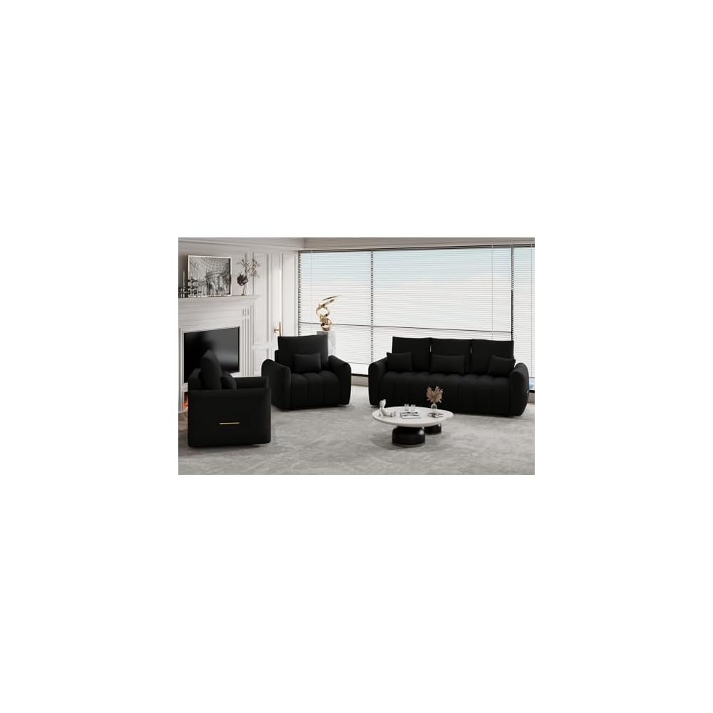 3 Piece Cloud Couch Sofa for Living Room, Modern Sofa Chair and 3-Seater Teddy Sectional Couches with Pillows and Back Cushions, Comfy Deep Seat Oversized Sofa for Bedroom, Apartment, Black