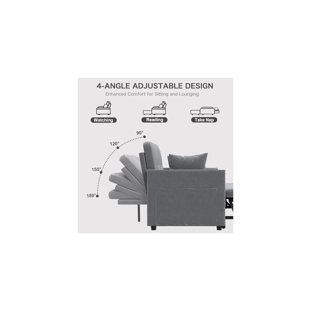 Pull Out Sofa Bed: 56" Gray 3 in 1 Convertible Sleeper Sofa Bed