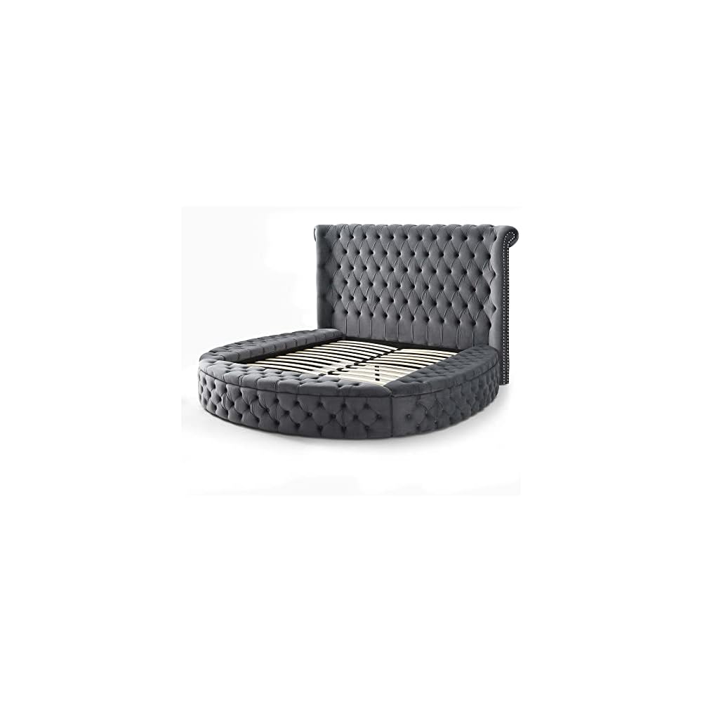 Elizabeth 107 x 101 Velvet Round Storage King Bed in Gray